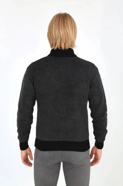 MDB Erkek Fermuarlı Triko Hırka Yüksek Yaka, Cepli, Günlük Şık Rahat Kalıp Triko  Siyah - Resim 2