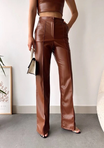 deri palazzo pantolon kahve hf - Resim 5