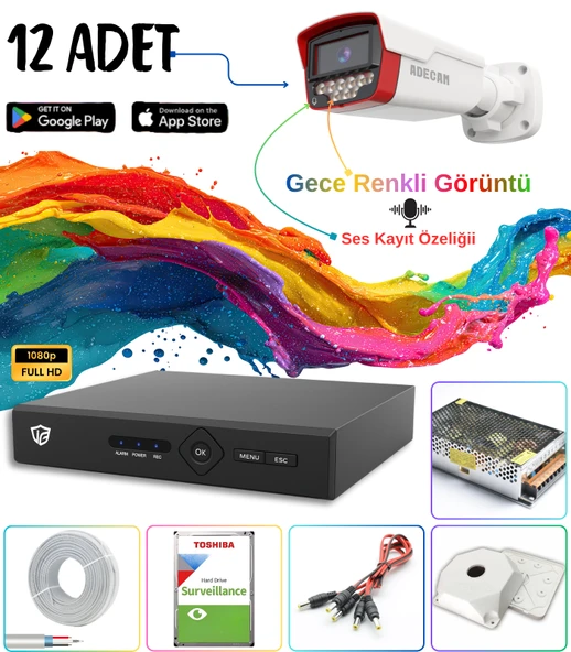 Adecam 12 li Full HD AHD Güvenlik Kamera Sistemi - Gece Renkli & Sesli Set + 30 Gün Kayıt, Cepten İzleme ürün görseli 1