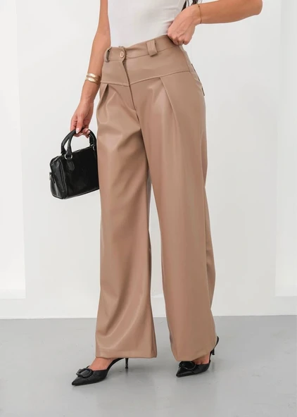 Deri geniş paça beli lastikli pantolon bej h263644 - Resim 5
