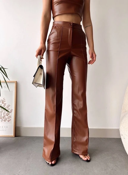 deri palazzo pantolon kahve hf - Resim 4