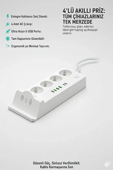 Akım Korumalı Priz Ve Masaüstü Şarj İstasyonu Kablosuz 4 Priz ,4 Usb, 2 Type-c Girişli 2 Metre - Resim 3