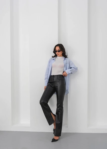 İspanyol yırtmaçlı paça deri pantolon siyah hn ürün görseli 1