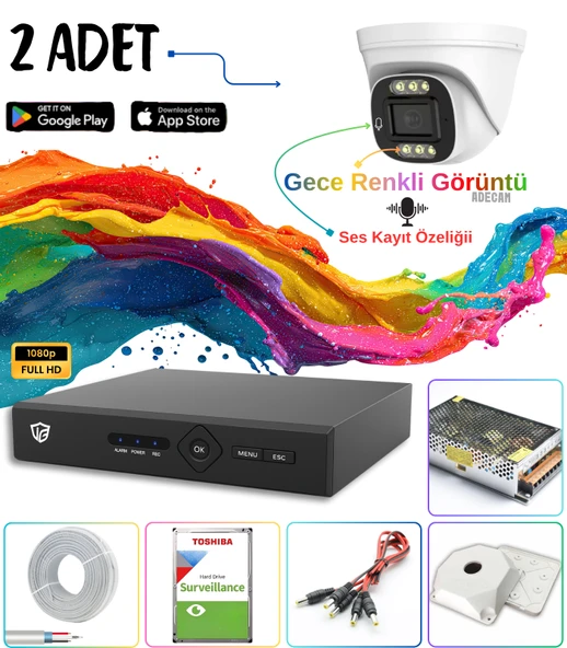 Adecam 2 li Full HD AHD Güvenlik Kamera Sistemi + 30 Gün Kayıt, Cepten İzleme - Gece Renkli & Sesli Set ürün görseli 1