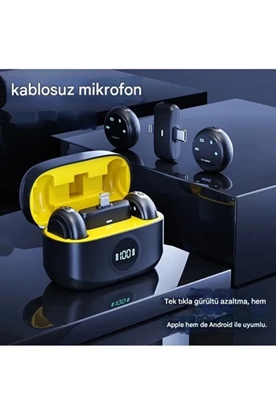 Kablosuz Profesyonel İkili Yayın Yaka Mikrofonu Şarj Kutu Mıknatıslı Typce Lightning Çıkış Mikrofon - Resim 2