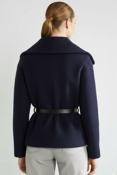 Kemerli Dokulu Şal Yakalı Kısa Kaban - Resim 10