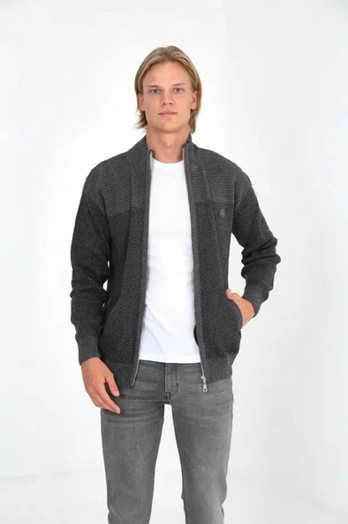 MDB Erkek Fermuarlı Triko Hırka Yüksek Yaka, Cepli, Günlük Şık Rahat Kalıp Triko  Gri ürün görseli 1