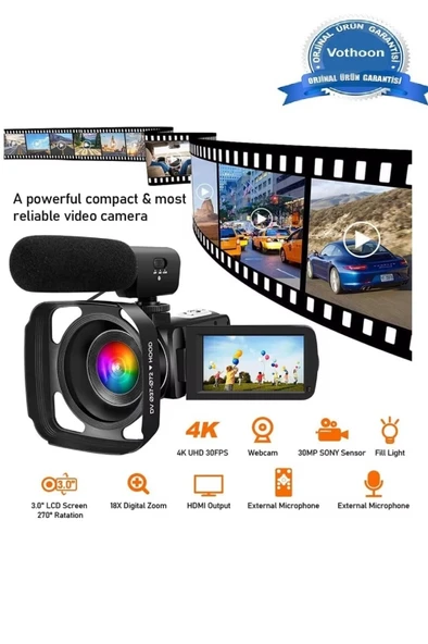4k Vlog Dijital Video Kamera Wifi 48mp 16x Kaydedici Fotoğrafçılık 3.0’’ıps Dokunmatik Ekran Mikrofon Çift Batarya ürün görseli 1