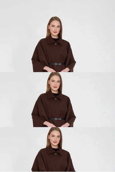 Kemerli kaşe panço kahve pt - Resim 2