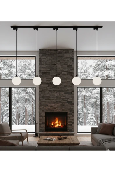 2 Metre Siyah Alimünyum Ray Opal Beyaz Top Cam 5’li Modern Sarkıt Modern E27 Masaüstü Avize ürün görseli 1