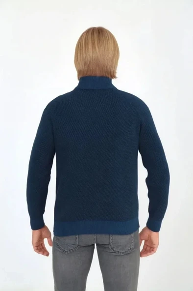 MDB Erkek Fermuarlı Triko Hırka Yüksek Yaka, Cepli, Günlük Şık Rahat Kalıp Triko  avi - Resim 2