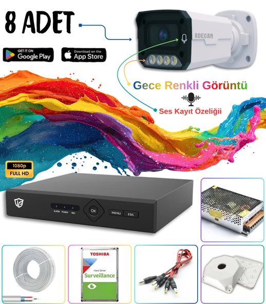 Adecam 8 li Full HD AHD Güvenlik Kamera Sistemi Cepten İzleme - Gece Renkli & Sesli Set + 30 Gün Kayıt  ürün görseli 1