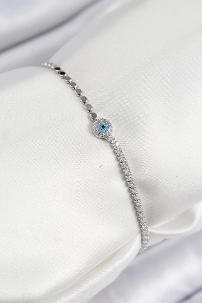 Pirinç Zirkon Taşlı Nazar Model Ezme Zincir Gümüş Renk Kadın Bileklik - TJ-BB7584 ürün görseli 1