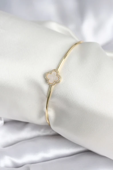 Beyaz Sedefli Yonca Model Gold Renk Kadın Bileklik - TJ-BB8005 ürün görseli 1