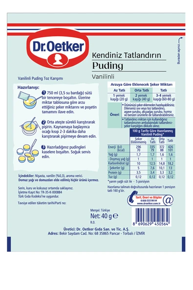 Dr.Oetker Kendiniz Tatlandırın Şekersiz Puding Vanilinli 40 g - Resim 2