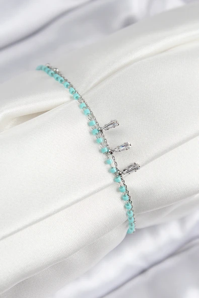 Pirinç Zirkon Taşlı Mavi Boncuklu Model Gümüş Renk Kadın Bileklik - TJ-BB7582 ürün görseli 1