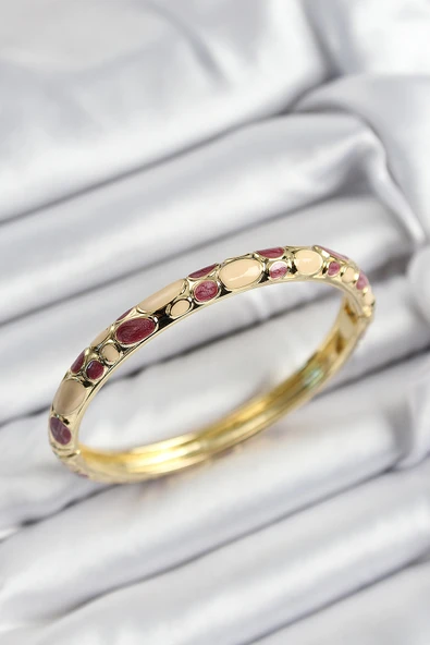 Mineli Pirinç Fuşya Ve Krem Petek Motifli Gold Renk Kadın Kelepçe - TJ-BB7403 ürün görseli 1