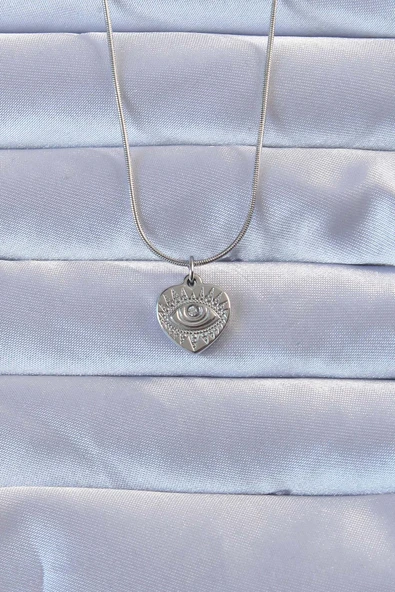 316L Gümüş Renk Zirkon Taşlı İşlemeli Göz Detay Kalp Kolye - TJ-BKO9285 ürün görseli 1