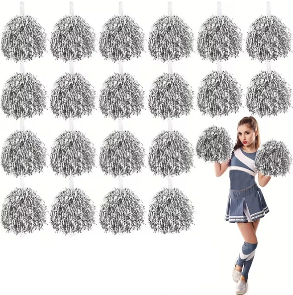 10 Çift ( 20 Adet ) Gümüş Renk 23 Nisan 19 Mayıs 29 Ekim Okul Gösteri Ponponları ürün görseli 1