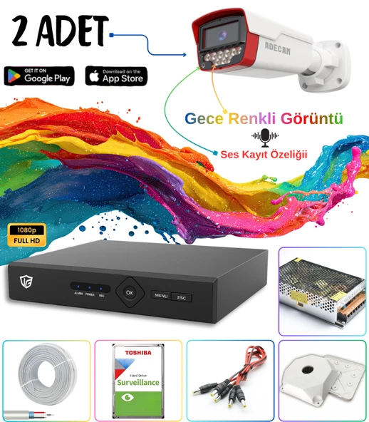 Adecam 2 li Full HD AHD Güvenlik Kamera Sistemi - Gece Renkli & Sesli Set + 30 Gün Kayıt, Cepten İzleme ürün görseli 1