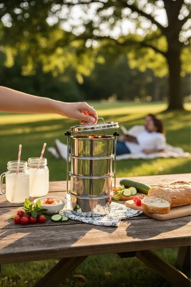 Büyük 10 kişilik paslanmaz sefer tası 5 no 4 lü 38X21,5 cm yemek taşıma kabı - Resim 3