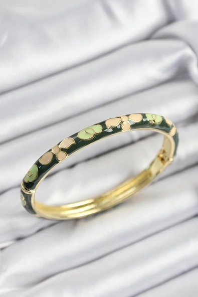 Mineli Pirinç Krem Ve Yeşil Çiçek Motifli Gold Renk Kadın Kelepçe - TJ-BB7400 ürün görseli 1