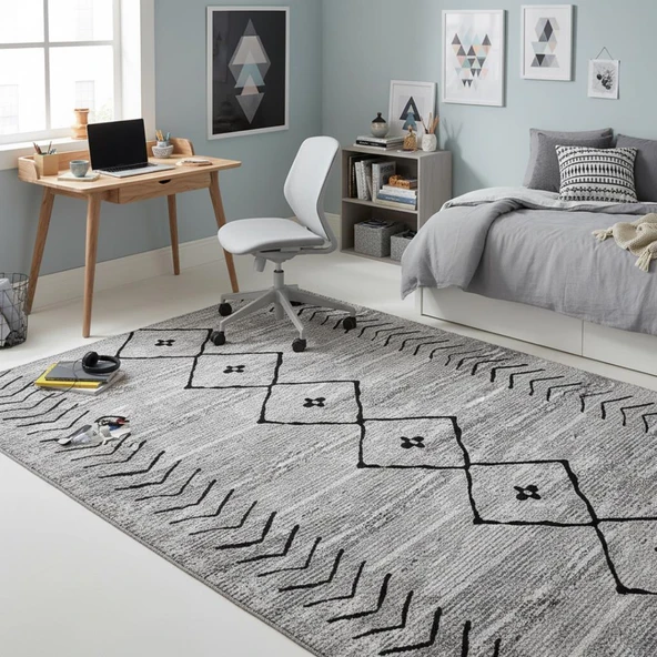 Gri Siyah İskandinav Boho tarzı Halı Dijital Baskılı Kaymaz Tabanlı Yıkanabilir Leke Tutmaz Antibakteriyel - Resim 3