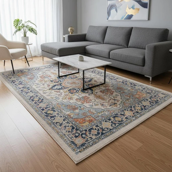 Mavi-Krem Otantik Halı Dijital Baskılı, Kaymaz Tabanlı, Yıkanabilir Leke Tutmaz Antibakteriyel - Resim 3