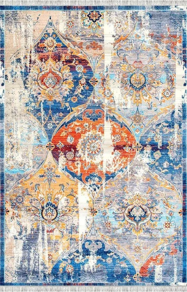 Mavi Turuncu Modern Vintage Dijital Baskılı, Kaymaz Tabanlı, Yıkanabilir Antibakteriyel Halı - Resim 4