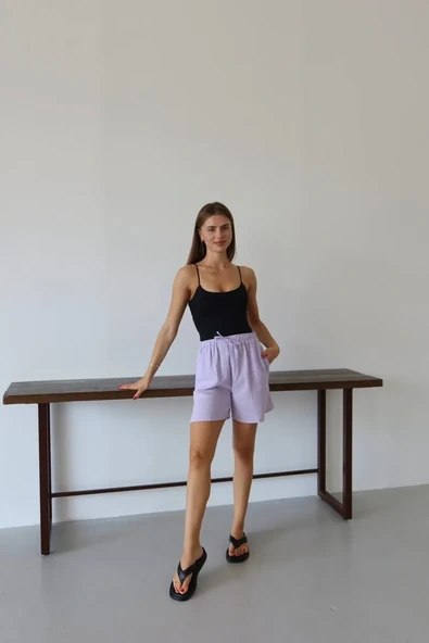 Müslin Kumaş Şort Bağcıklı Lila Pt - Resim 3