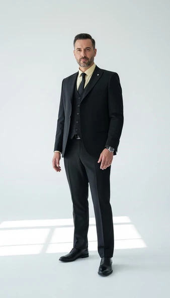 Erkek 3 Parça Battal Beden Takım Elbise | Çift Yırtmaçlı | Siyah – Lacivert Klasik Kesim - Resim 7