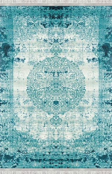 Turkuaz Eskitme Halı  Dijital Baskılı Modern Kaymaz Tabanlı Yıkanabilir Leke Tutmaz Antibakteriyel - Resim 4