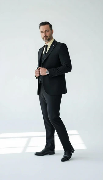 Erkek 3 Parça Battal Beden Takım Elbise | Çift Yırtmaçlı | Siyah – Lacivert Klasik Kesim - Resim 2