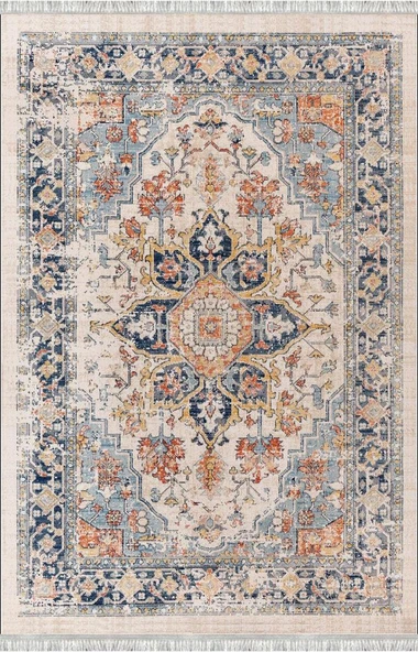 Mavi-Krem Otantik Halı Dijital Baskılı, Kaymaz Tabanlı, Yıkanabilir Leke Tutmaz Antibakteriyel - Resim 4