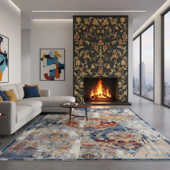 Mavi Turuncu Modern Vintage Dijital Baskılı, Kaymaz Tabanlı, Yıkanabilir Antibakteriyel Halı - Resim 2