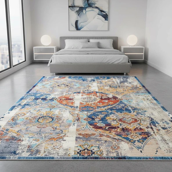 Mavi Turuncu Modern Vintage Dijital Baskılı, Kaymaz Tabanlı, Yıkanabilir Antibakteriyel Halı - Resim 3