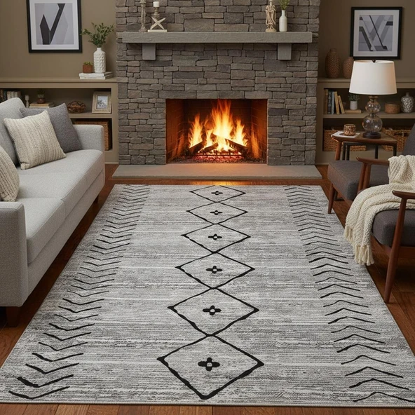 Gri Siyah İskandinav Boho tarzı Halı Dijital Baskılı Kaymaz Tabanlı Yıkanabilir Leke Tutmaz Antibakteriyel ürün görseli 1