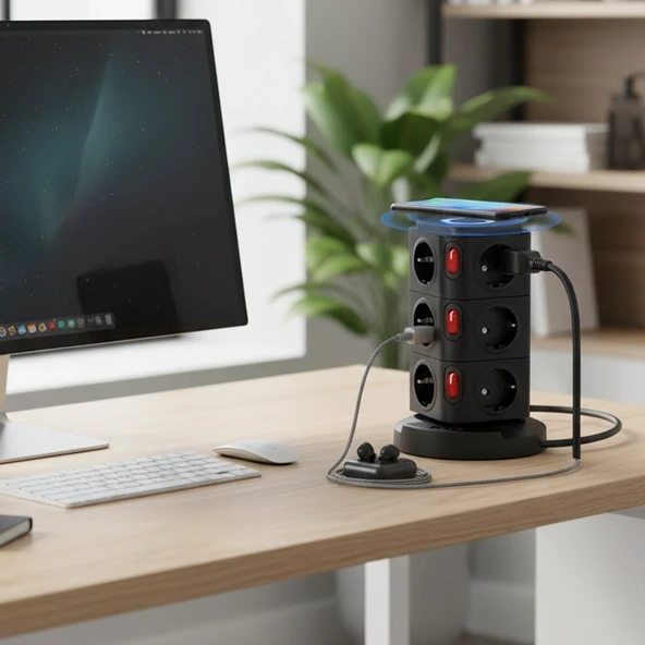 Termal Akım Korumalı Isıya Dayanıklı 3 Usb 12 Priz Ve Wireless Kablosuz Şarj 2.4 Amper Kablolu Priz ürün görseli 1