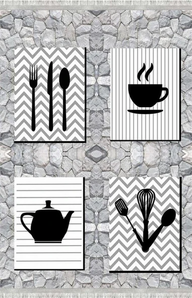 Gri Siyah Dijital Baskılı Kaymaz Tabanlı Yıkanabilir Leke Tutmaz Antibakteriyel Mutfak Halısı - Resim 4