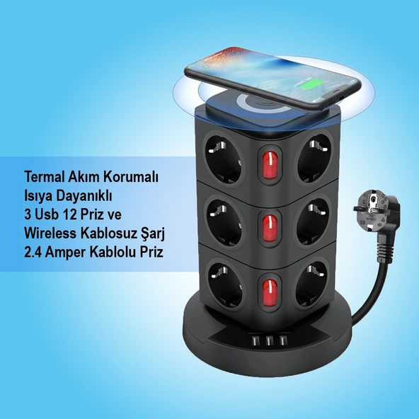 Termal Akım Korumalı Isıya Dayanıklı 3 Usb 12 Priz Ve Wireless Kablosuz Şarj 2.4 Amper Kablolu Priz - Resim 2