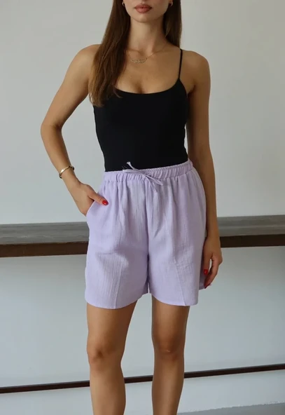 Müslin Kumaş Şort Bağcıklı Lila Pt - Resim 5