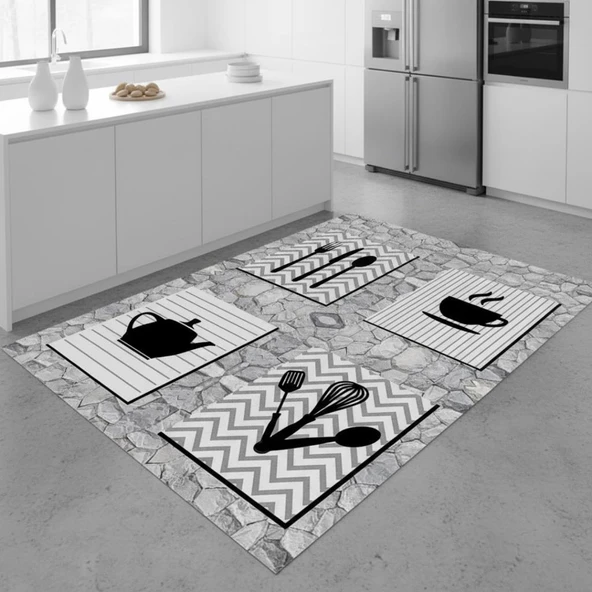 Gri Siyah Dijital Baskılı Kaymaz Tabanlı Yıkanabilir Leke Tutmaz Antibakteriyel Mutfak Halısı - Resim 3