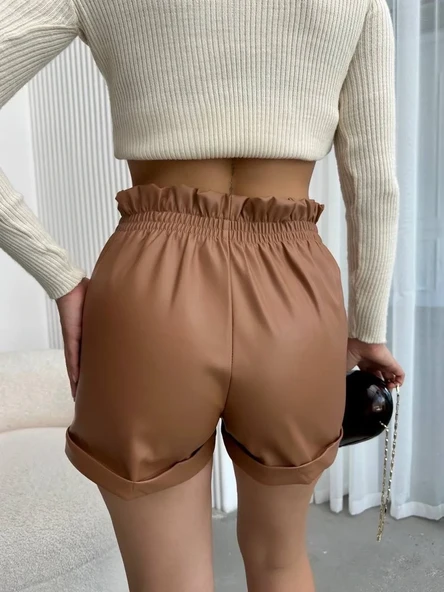 Beli Lastikli Deri Şort Kahve H24605 - Resim 2