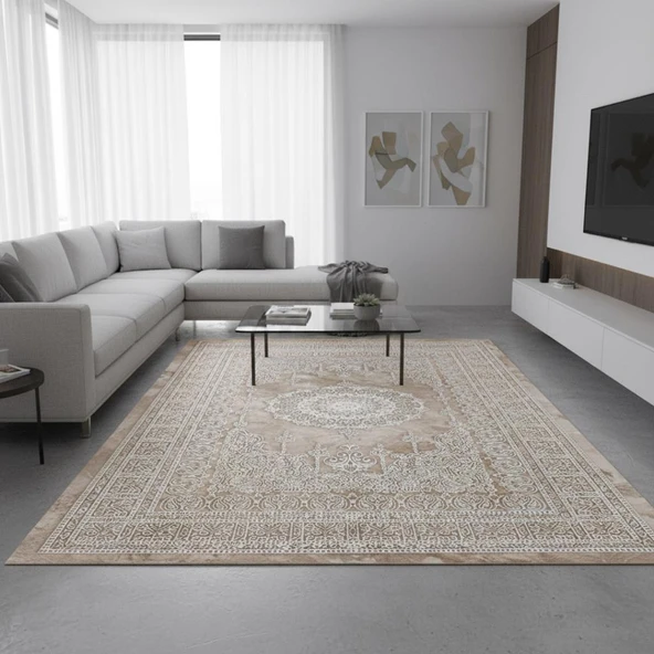 Bej Klasik Motifli Dijital Baskılı, Kaymaz Tabanlı, Yıkanabilir ve Leke Tutmaz Antibakteriyel Halı - Resim 2