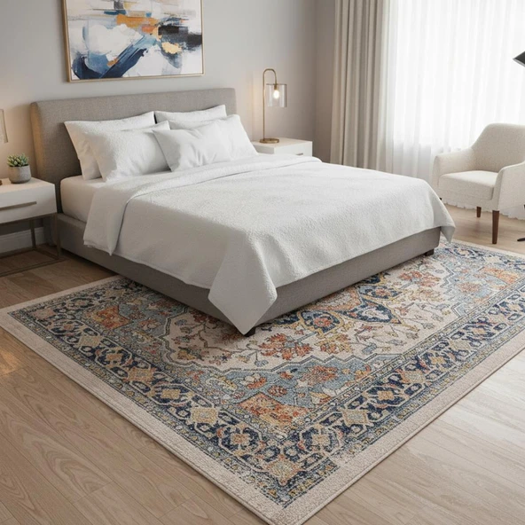 Mavi-Krem Otantik Halı Dijital Baskılı, Kaymaz Tabanlı, Yıkanabilir Leke Tutmaz Antibakteriyel - Resim 2