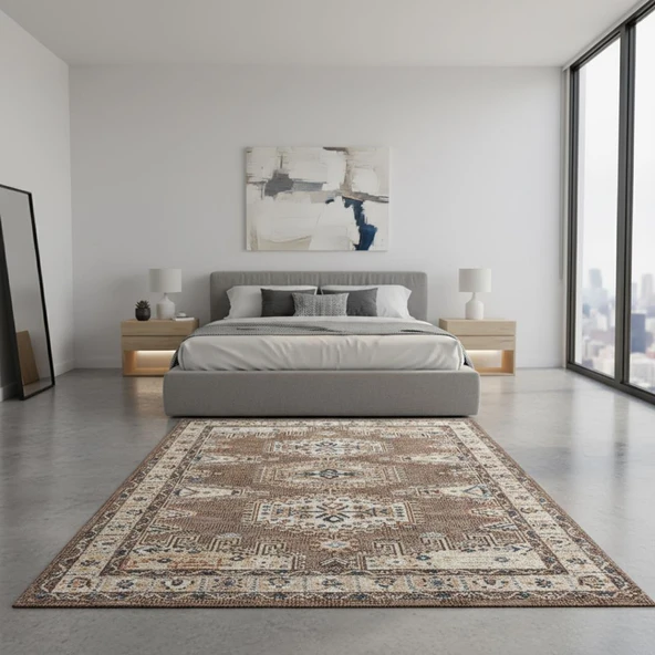 Kahve Otantik Halı Dijital Baskılı, Kaymaz Tabanlı, Yıkanabilir Leke Tutmaz Antibakteriyel - Resim 2