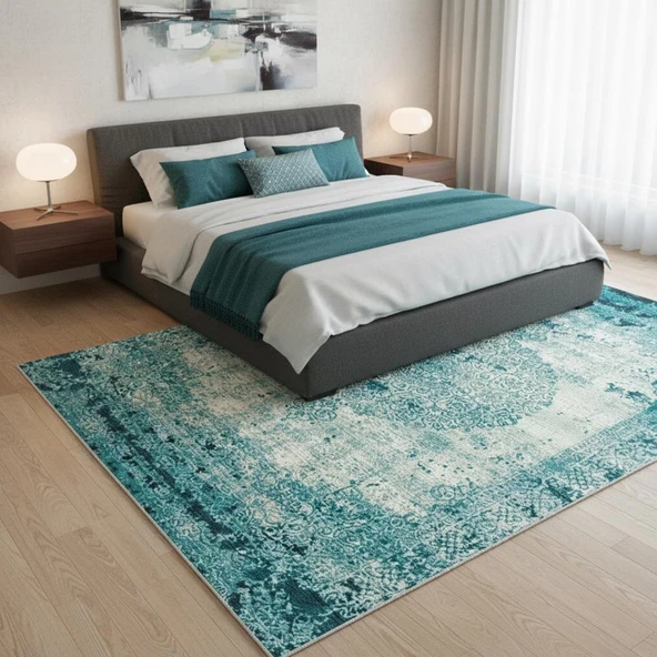 Turkuaz Eskitme Halı  Dijital Baskılı Modern Kaymaz Tabanlı Yıkanabilir Leke Tutmaz Antibakteriyel - Resim 3