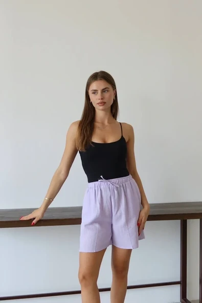 Müslin Kumaş Şort Bağcıklı Lila Pt - Resim 4