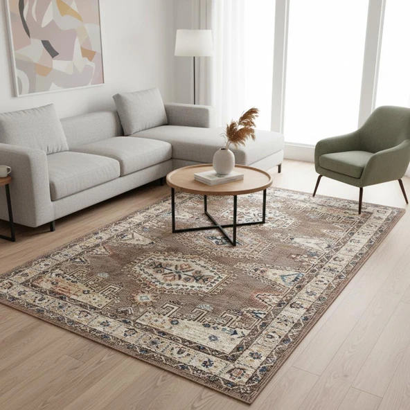 Kahve Otantik Halı Dijital Baskılı, Kaymaz Tabanlı, Yıkanabilir Leke Tutmaz Antibakteriyel - Resim 3