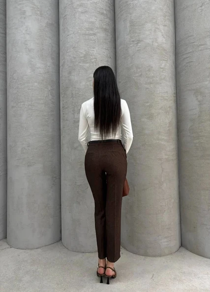 Dar paça kemerli kumaş pantolon kahve pt53 - Resim 6